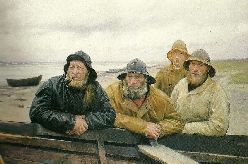 Michael Ancher fire fiskere ved en bad pa skagens strand France oil painting art